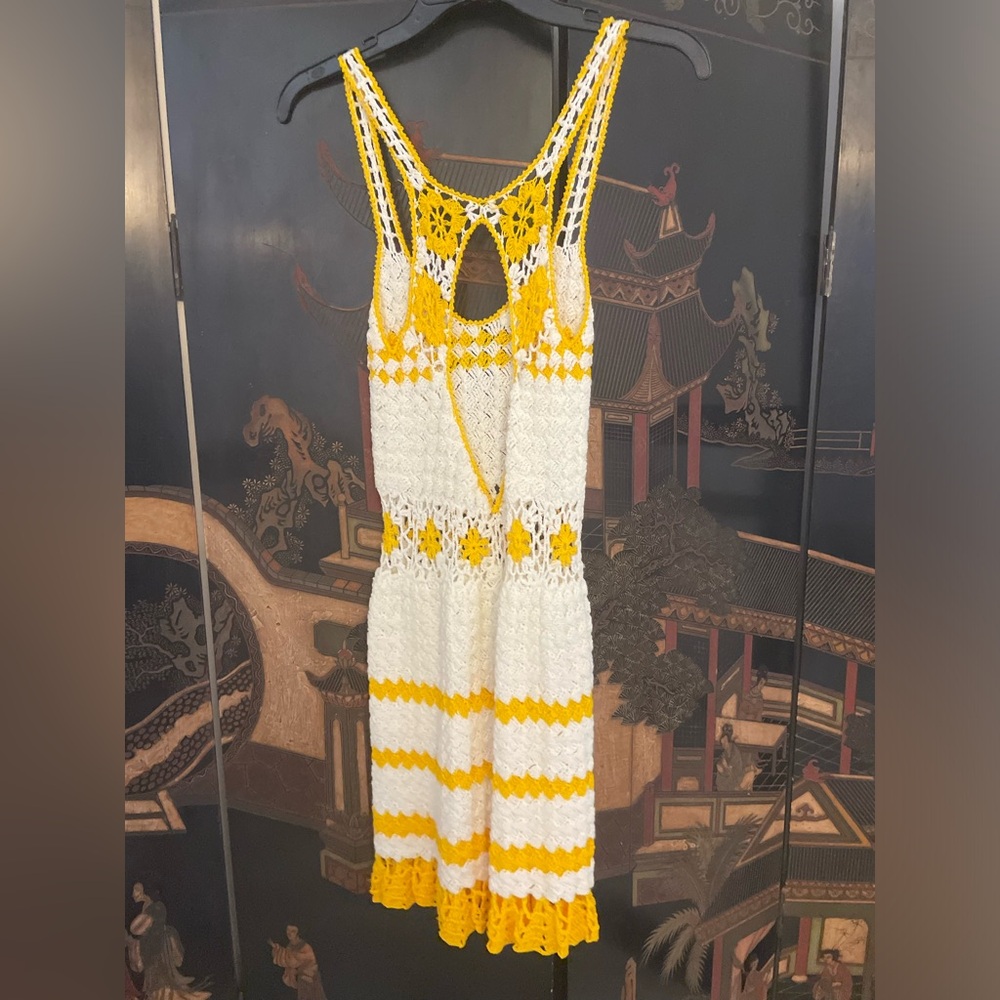 Knitted dress, yellow and white floral design, size Small, handmade
